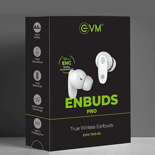 EVM EnBuds Pro TWS - 44 Hours Playtime - True Wireless Earbuds with ENC & Quad Mics - Type C Charging Port - 13mm Speakers, 500 mAh Battery & BT 5.3-1 Year Warranty (EVM-TWS-05-White)