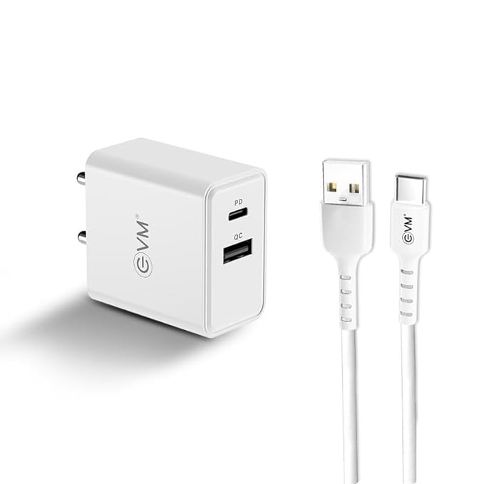 EVM EnSpeed+ Fast Mobile Charger, 36W PD+QC3.0 Fast Charging, BIS Certified, 1 Year Warranty, Dual Output (USB & Type C), USB to Type C Cable Included (EVM-CH-011-White)