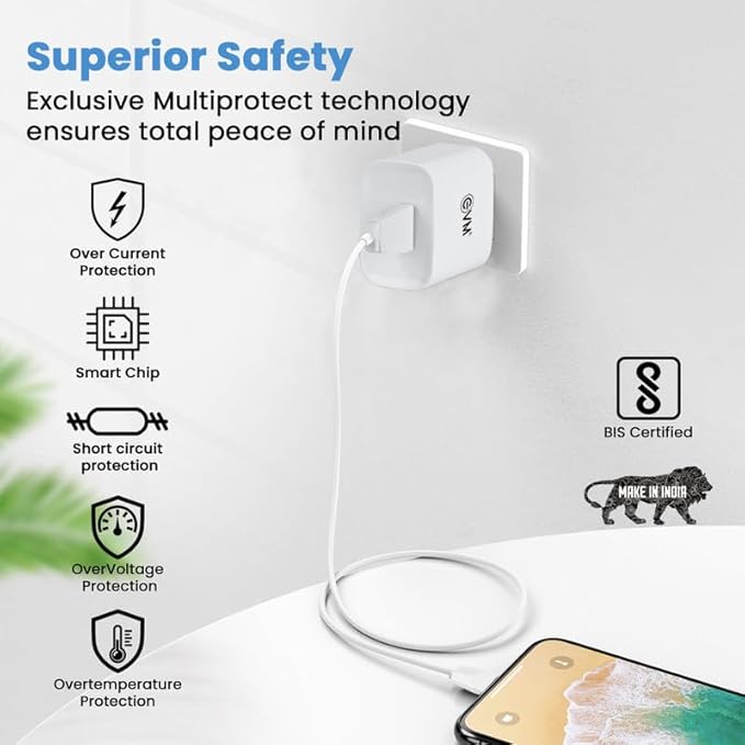 EVM USB Smart Charger with Type C Cable for Android Smartphone - 5V Fast Charger, 2.4A Output - BIS Certified - Over Current & Short Circuit Protection, Surge Protection - 1 Year Warranty (EVM-CH-02)