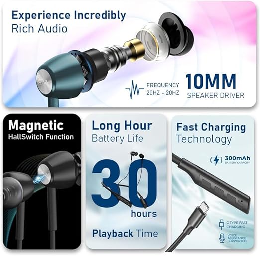 EVM EnWave Bluetooth Neckband with Mic - 30 Hours Playtime, BT 5.3 - Lightweight & Comfortable- 1 Year Warranty (EVM-NB-028-Black)