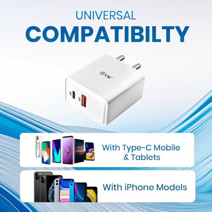 EVM EnSpeed+ Fast Mobile Charger, 36W PD+QC3.0 Fast Charging, BIS Certified, 1 Year Warranty, Dual Output (USB & Type C), USB to Type C Cable Included (EVM-CH-011-White)