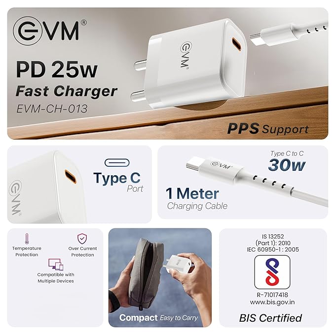 EVM 25W Mobile Charger - Type C Cable Included - Compact Charging Adaptor - Android, Xiaomi, Vivo and Other Smartphones - 1 Year Warranty (EVM-CH-013)
