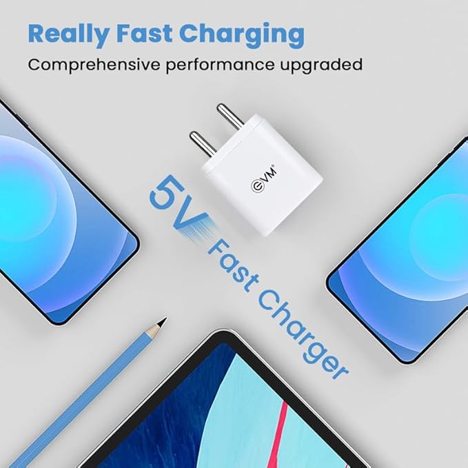 EVM USB Smart Charger with Type C Cable for Android Smartphone - 5V Fast Charger, 2.4A Output - BIS Certified - Over Current & Short Circuit Protection, Surge Protection - 1 Year Warranty (EVM-CH-02)