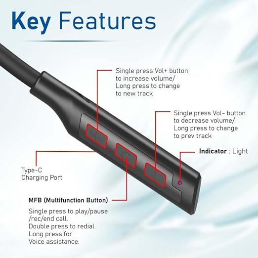 EVM EnWave Bluetooth Neckband with Mic - 30 Hours Playtime, BT 5.3 - Lightweight & Comfortable- 1 Year Warranty (EVM-NB-028-Black)