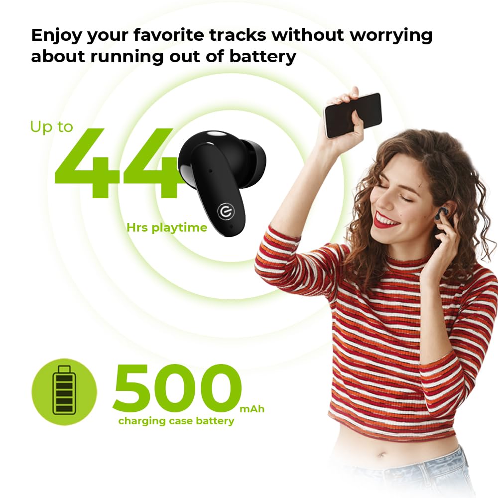 EVM EnBuds Pro TWS - 44 Hours Playtime - True Wireless Earbuds with ENC & Quad Mics - Type C Charging Port - 13mm Speakers, 500 mAh Battery & BT 5.3-1 Year Warranty (EVM-TWS-05-P)