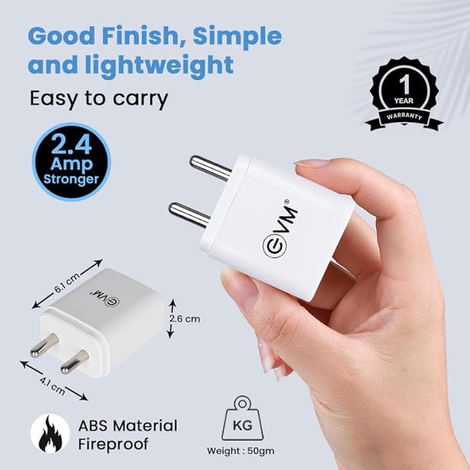 EVM USB Smart Charger with Type C Cable for Android Smartphone - 5V Fast Charger, 2.4A Output - BIS Certified - Over Current & Short Circuit Protection, Surge Protection - 1 Year Warranty (EVM-CH-02)