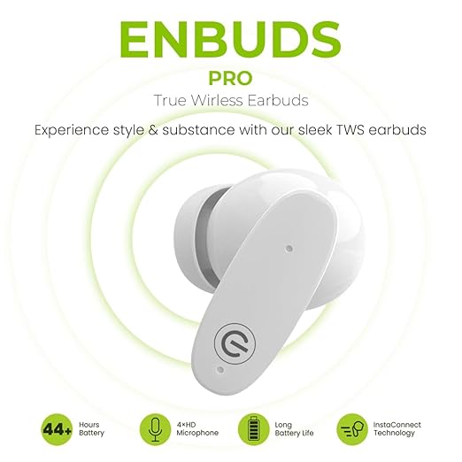 EVM EnBuds Pro TWS - 44 Hours Playtime - True Wireless Earbuds with ENC & Quad Mics - Type C Charging Port - 13mm Speakers, 500 mAh Battery & BT 5.3-1 Year Warranty (EVM-TWS-05-White)