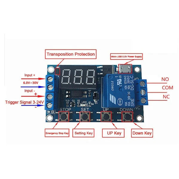 6-20V 1-Channel Power Relay Module with Adjustable Timing Cycle