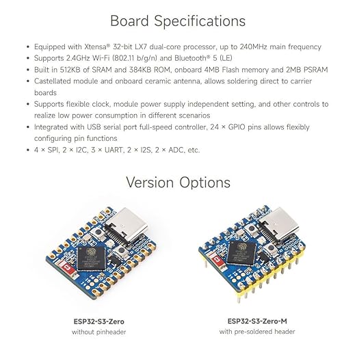 Waveshare ESP32-S3 Mini Development Board, Based on ESP32-S3FH4R2 Dual-Core Processor, 240MHz Running Frequency, 2.4GHz Wi-Fi & Bluetooth 5