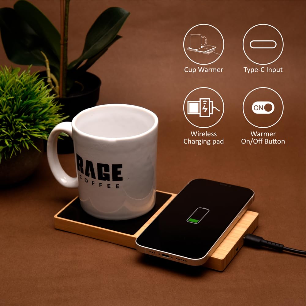 Wangari 15W Willow Bamboo 2-in-1 Multifunctional Wireless Charger with Cup Warmer | Sustainable & Eco-Friendly Bamboo Design