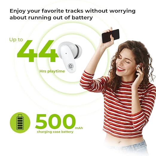 EVM EnBuds Pro TWS - 44 Hours Playtime - True Wireless Earbuds with ENC & Quad Mics - Type C Charging Port - 13mm Speakers, 500 mAh Battery & BT 5.3-1 Year Warranty (EVM-TWS-05-White)