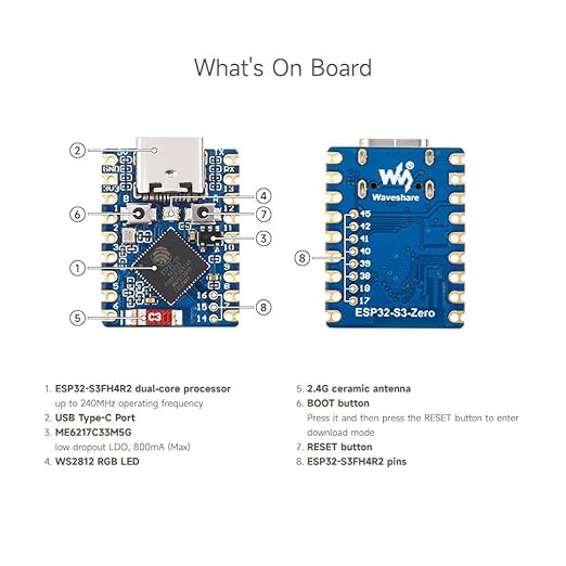 Waveshare ESP32-S3 Mini Development Board, Based on ESP32-S3FH4R2 Dual-Core Processor, 240MHz Running Frequency, 2.4GHz Wi-Fi & Bluetooth 5