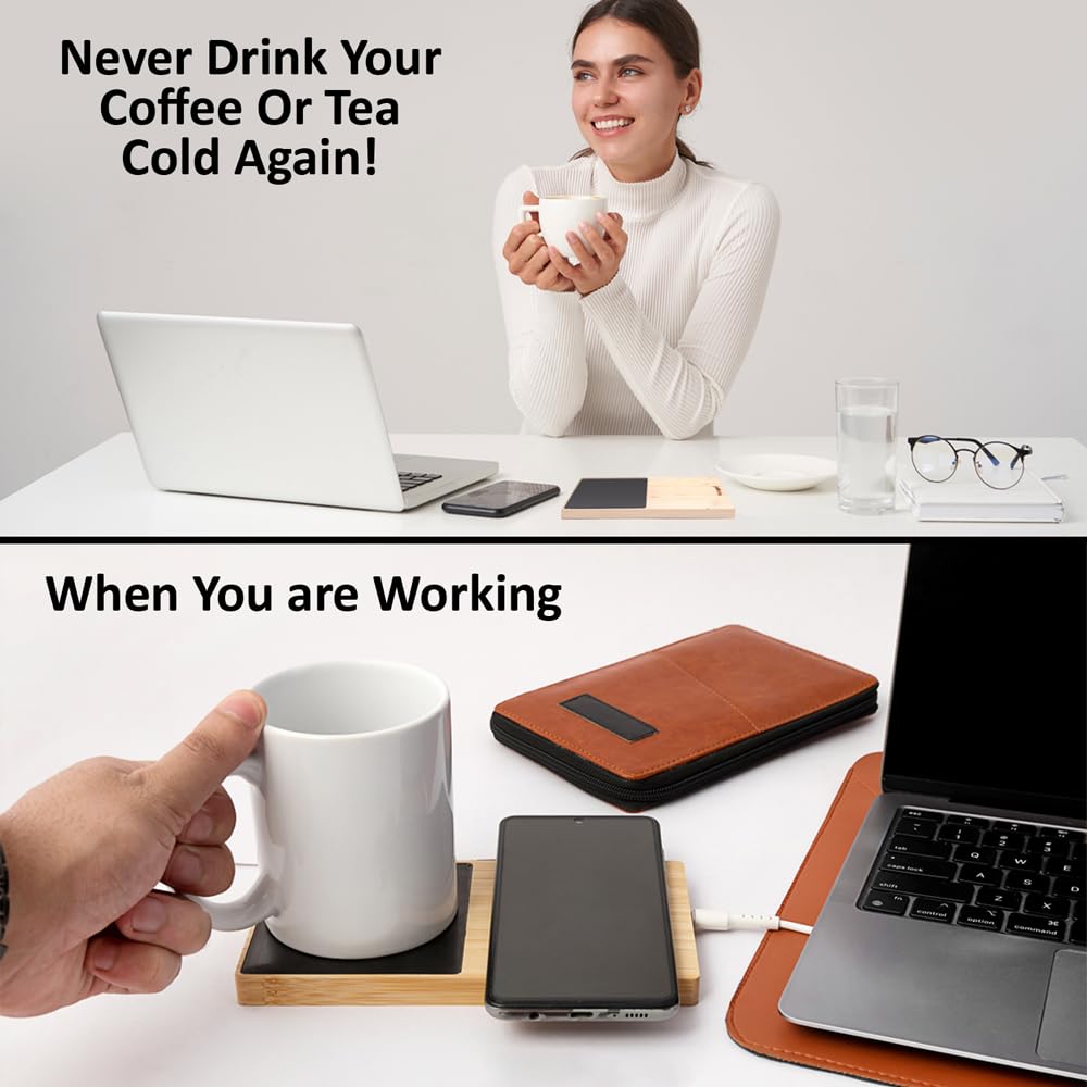 Wangari 15W Willow Bamboo 2-in-1 Multifunctional Wireless Charger with Cup Warmer | Sustainable & Eco-Friendly Bamboo Design