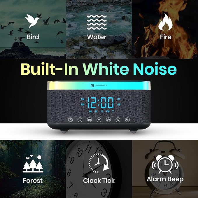 Portronics Trifusion 16W HD Sound Bluetooth Speaker with 15W Wireless Charging, 360°RGB LED Lights, Digital Clock with Alarm Setting, Built-in White Noise, USB/SD Card/AUX in, Type C Charging(Black)
