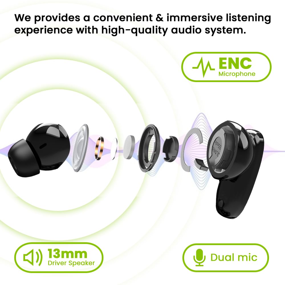 EVM EnBuds Pro TWS - 44 Hours Playtime - True Wireless Earbuds with ENC & Quad Mics - Type C Charging Port - 13mm Speakers, 500 mAh Battery & BT 5.3-1 Year Warranty (EVM-TWS-05-P)