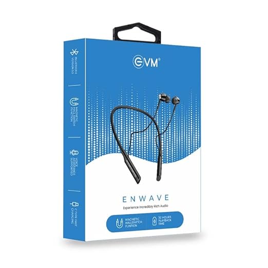 EVM EnWave Bluetooth Neckband with Mic - 30 Hours Playtime, BT 5.3 - Lightweight & Comfortable- 1 Year Warranty (EVM-NB-028-Black)