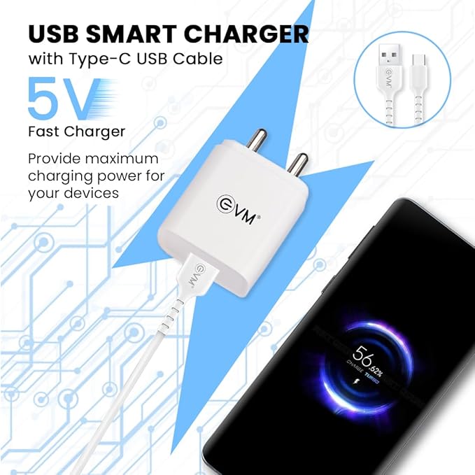EVM USB Smart Charger with Type C Cable for Android Smartphone - 5V Fast Charger, 2.4A Output - BIS Certified - Over Current & Short Circuit Protection, Surge Protection - 1 Year Warranty (EVM-CH-02)