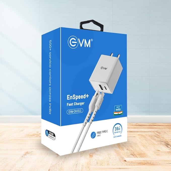 EVM EnSpeed+ Fast Mobile Charger, 36W PD+QC3.0 Fast Charging, BIS Certified, 1 Year Warranty, Dual Output (USB & Type C), USB to Type C Cable Included (EVM-CH-011-White)