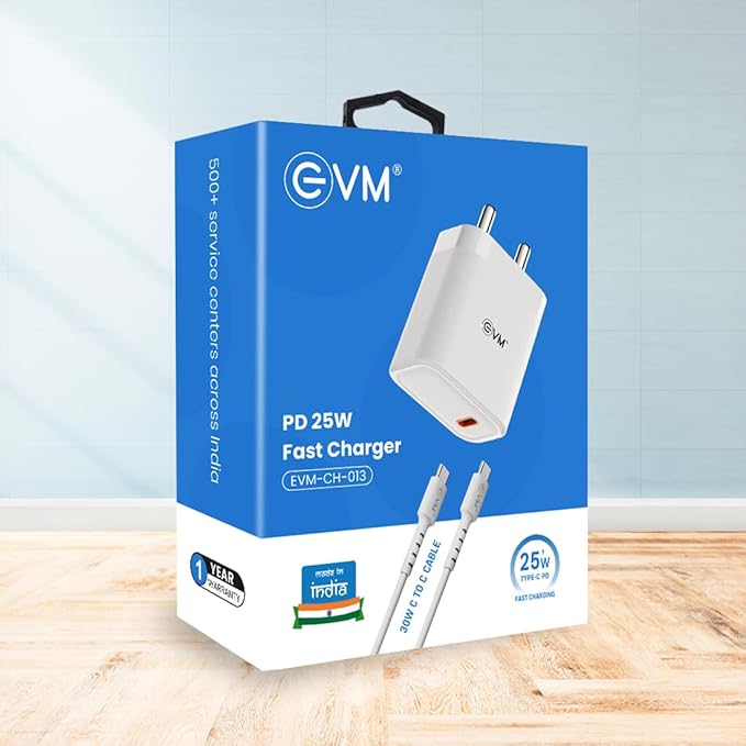 EVM 25W Mobile Charger - Type C Cable Included - Compact Charging Adaptor - Android, Xiaomi, Vivo and Other Smartphones - 1 Year Warranty (EVM-CH-013)