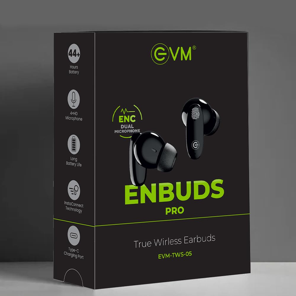 EVM EnBuds Pro TWS - 44 Hours Playtime - True Wireless Earbuds with ENC & Quad Mics - Type C Charging Port - 13mm Speakers, 500 mAh Battery & BT 5.3-1 Year Warranty (EVM-TWS-05-P)