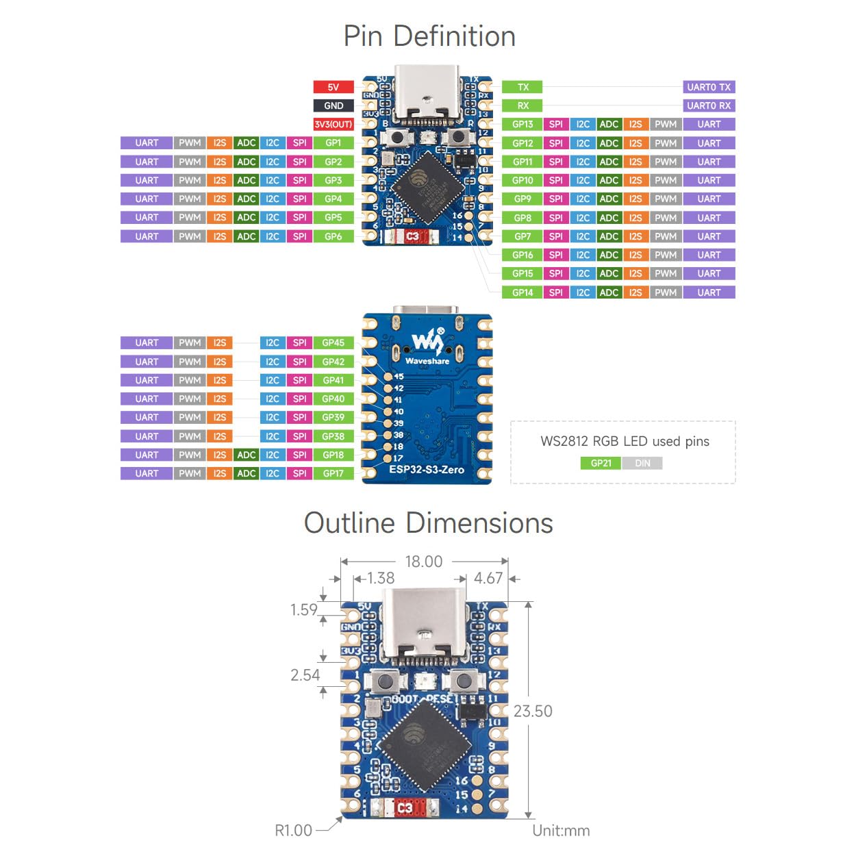 Waveshare ESP32-S3 Mini Development Board, Based on ESP32-S3FH4R2 Dual-Core Processor, 240MHz Running Frequency, 2.4GHz Wi-Fi & Bluetooth 5