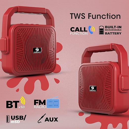 ZEBRONICS Zeb-County 2 Portable Wireless Speaker Supporting Bluetooth v5.0, FM Radio, Call Function, Built-in Rechargeable Battery, USB/Micro SD Card Slot, 3.5mm AUX Input, TWS (Red)