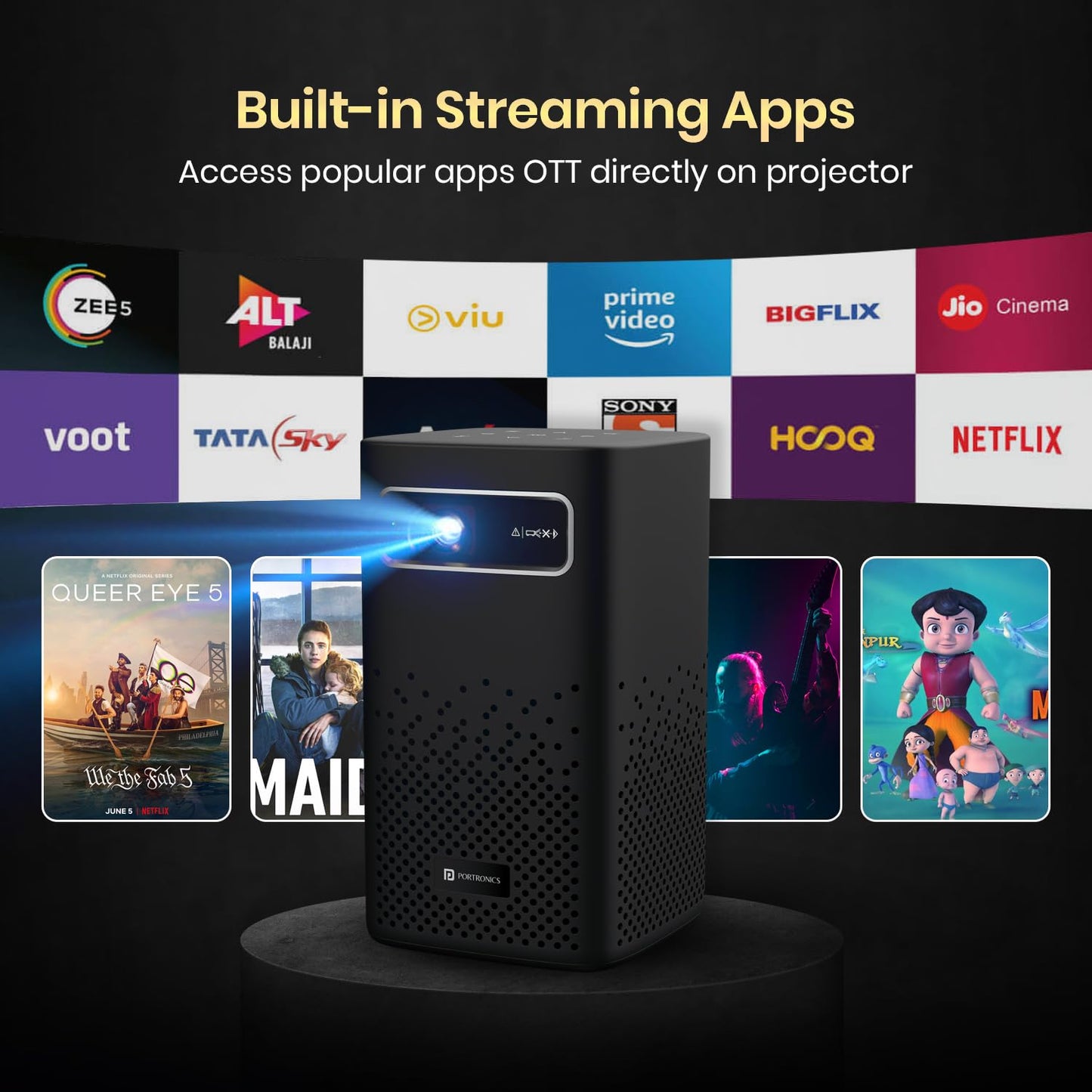 Portronics Pico 13 Rechargeable Smart Projector with Android Based OS, 4K Support, Streaming Apps (Netflix, Prime Video, Hotstar), 3500 Lumens, Keystone Correction, 10 W Speaker, Wi-fi, Bluetooth