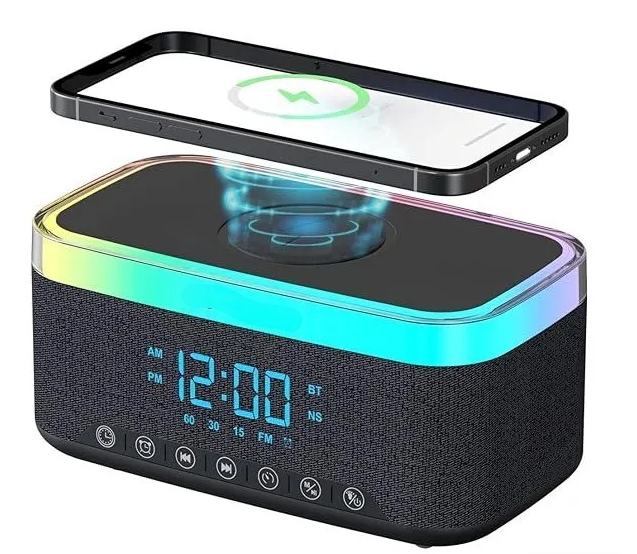 Portronics Trifusion 16W HD Sound Bluetooth Speaker with 15W Wireless Charging, 360°RGB LED Lights, Digital Clock with Alarm Setting, Built-in White Noise, USB/SD Card/AUX in, Type C Charging(Black)