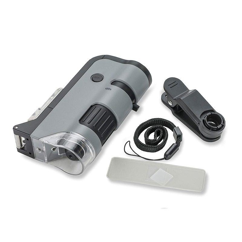 Carson MP-250 MicroFlip 100x-250x LED Lighted Pocket Microscope with Flip Down Slide Base, Smartphone Adapter Clip and UV Flashlight