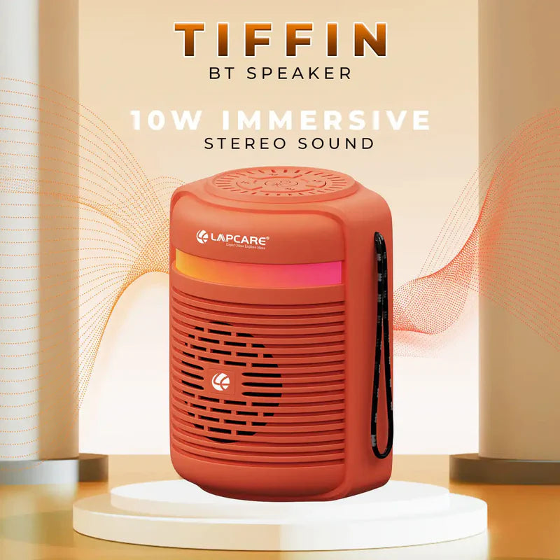 LAPCARE Tiffin 10W 5.3 Bluetooth Speaker with 76 mm Drivers,Loud Sound & Robust Bass, 10H Playtime, 1200mah Battery, Wireless Stereo Pairing, Portable Speaker for Home/Outdoor/Travel Orange