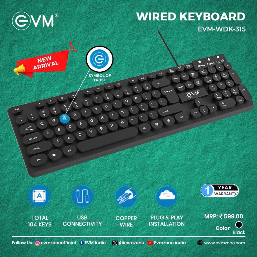 EVM Wired Keyboard | Spill-Resistant, 104 Keys, Smooth Keystrokes | UV Paint Coated, USB Connectivity - 1 Year Warranty (EVM-WDK-315)